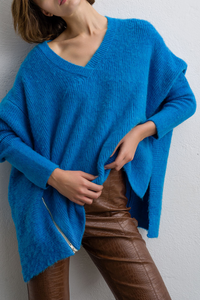 RELAXED SWEATER V-NECK "ZIPPER" BLUE