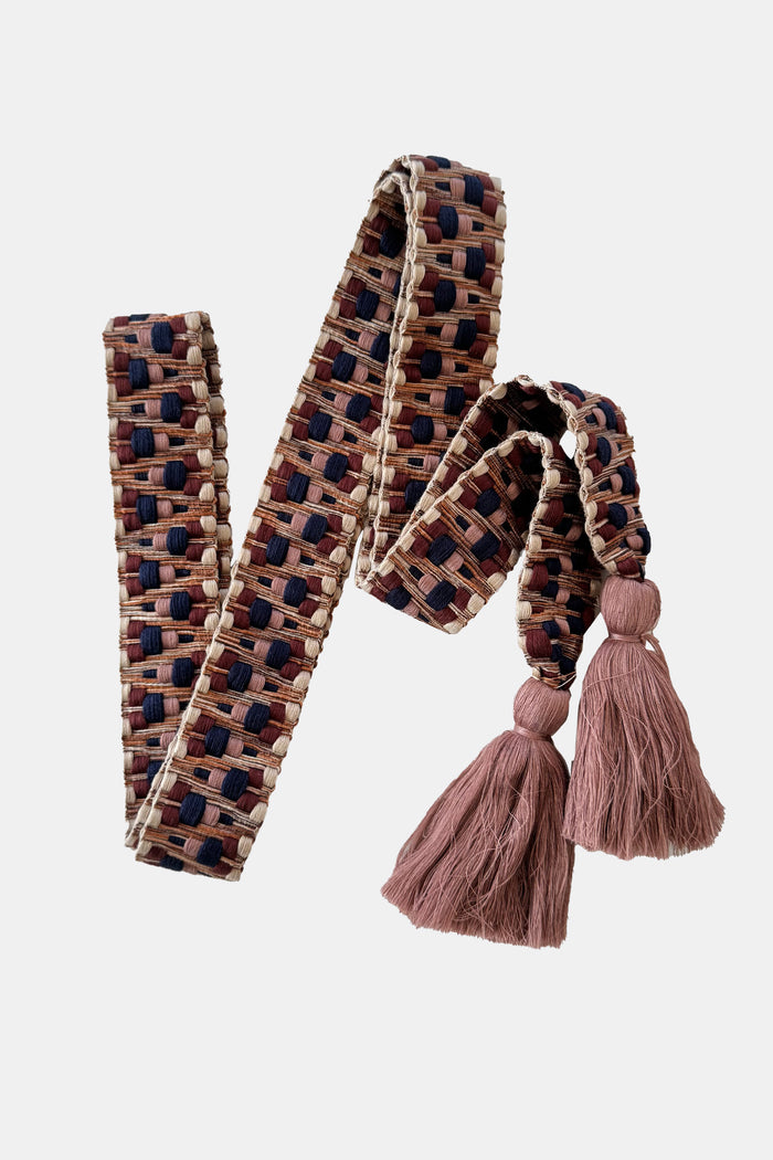 WOVEN BELT WITH TASSELS "TEXTURED ZIGZAG" BROWN/BEIGE/NAVY
