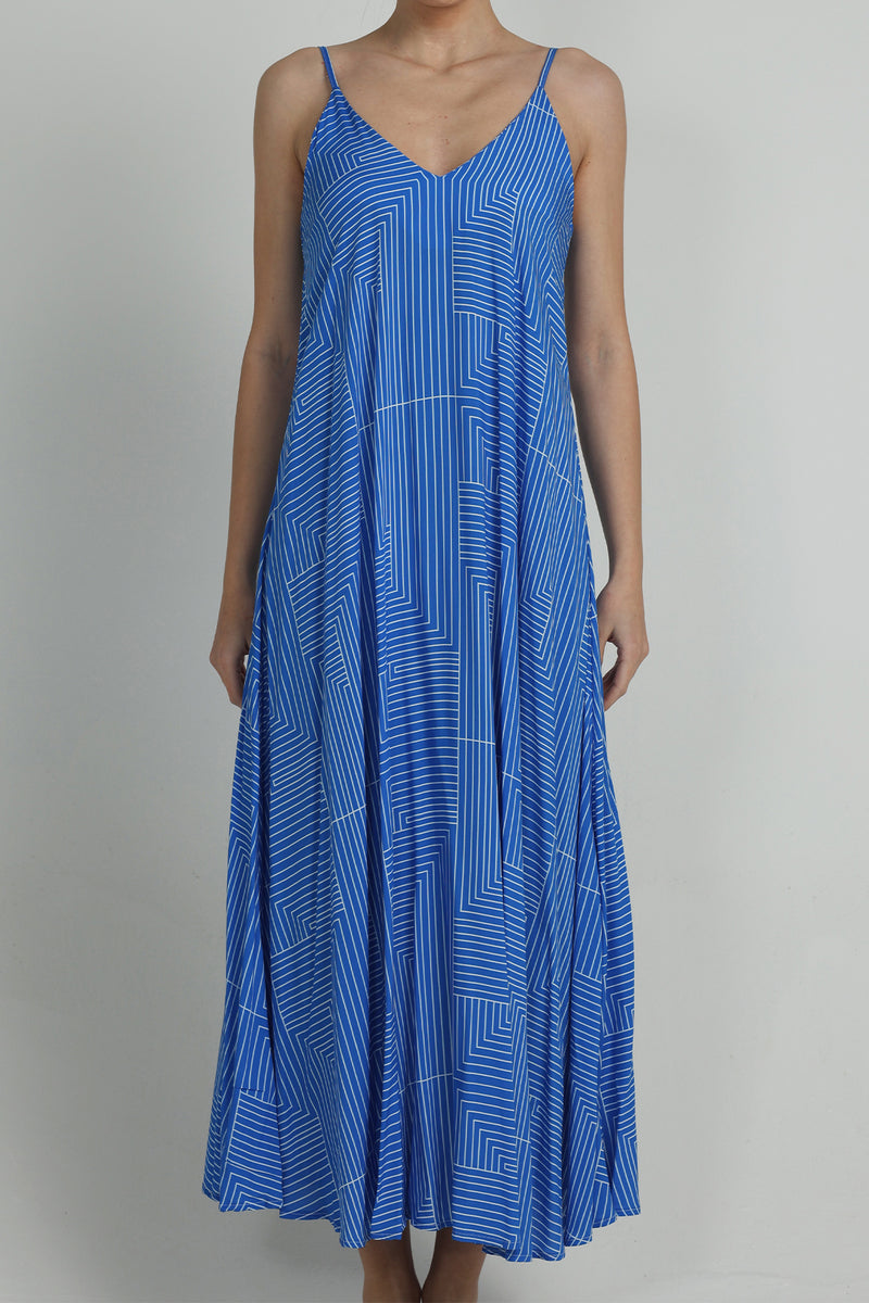 LONG V-NECK VISCOSE DRESS "LINEA" BLUE/WHITE
