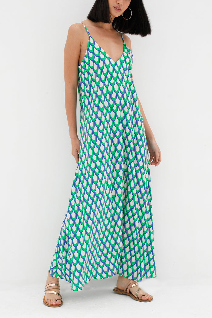 LONG V-NECK VISCOSE DRESS "ARTEMIS" GREEN/BLUE/WHITE