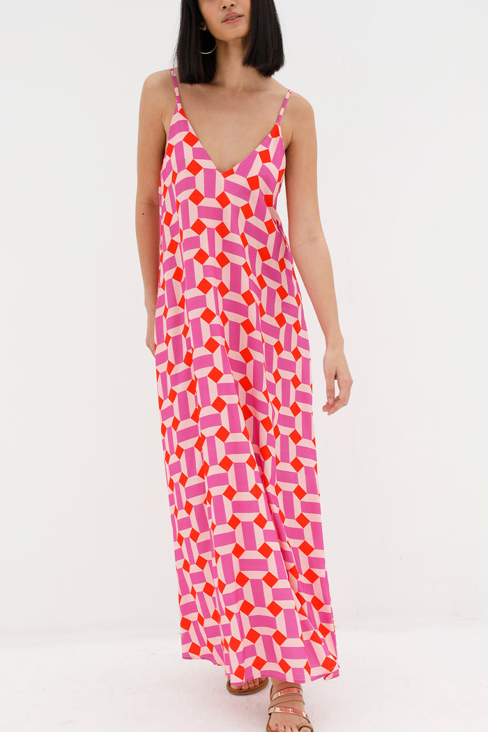 LONG VISCOSE V-NECK DRESS "DIAMONDS" PINK/ORANGE