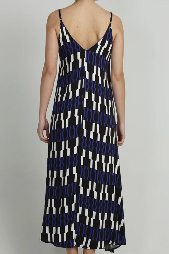 LONG VISCOSE V-NECK DRESS "NAFSIKA" BLUE/BLACK/WHITE