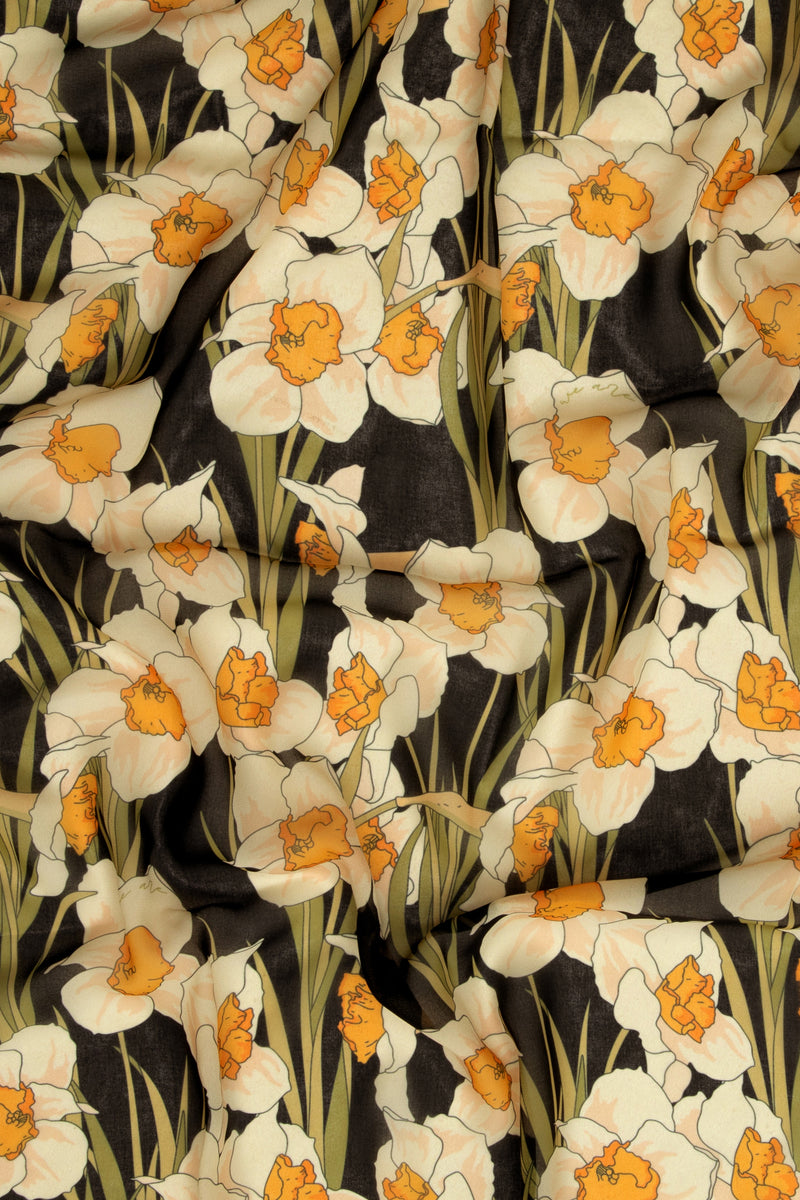 SILKY SCARF "NARCISSE" BLACK/YELLOW/OFF WHITE