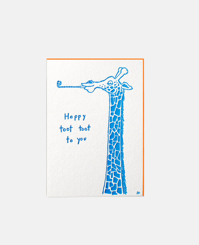 LETTERPRESS CARD "HAPPY TOOT TOOT TO YOU" BLUE/NEON ORANGE