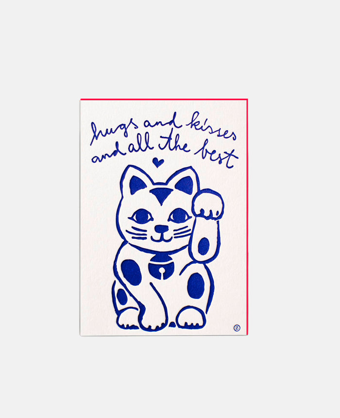 LETTERPRESS CARD "LUCKY CAT" BLUE/NEON RED