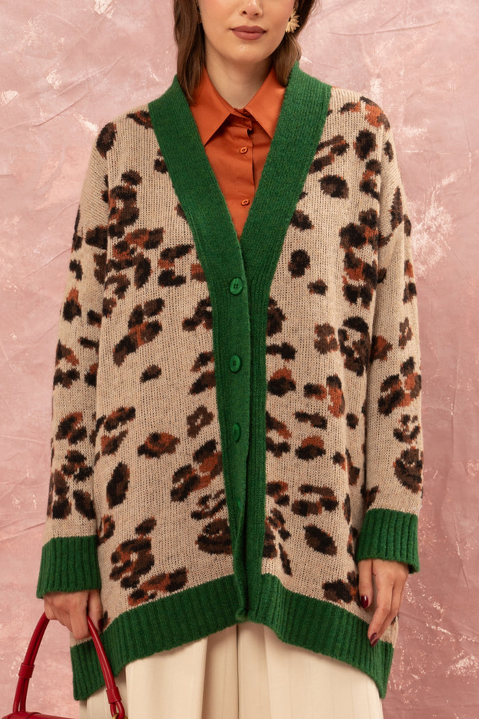 LONG OVERSIZED KNIT CARDIGAN LEO/GREEN