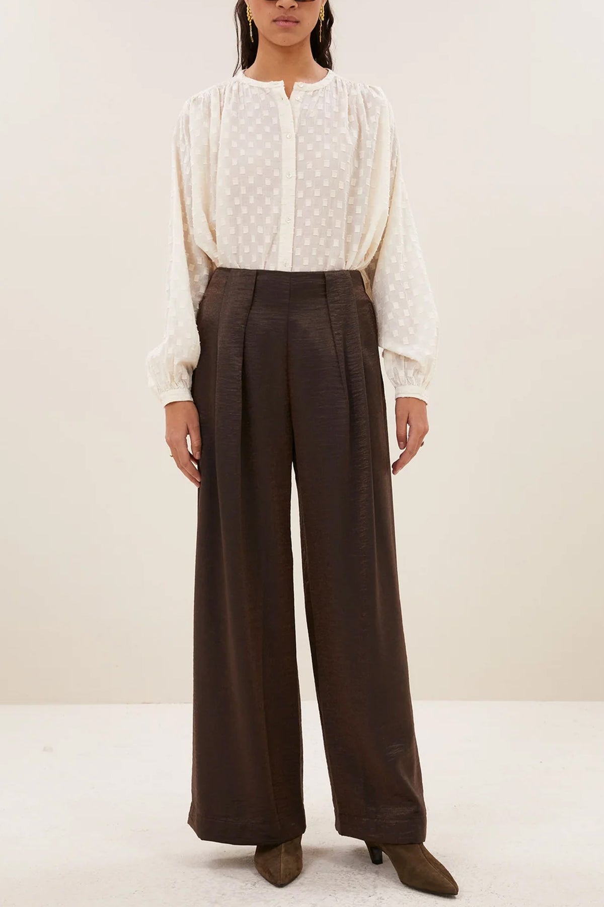 WIDE LEG METALLIC PANTS BRONZE