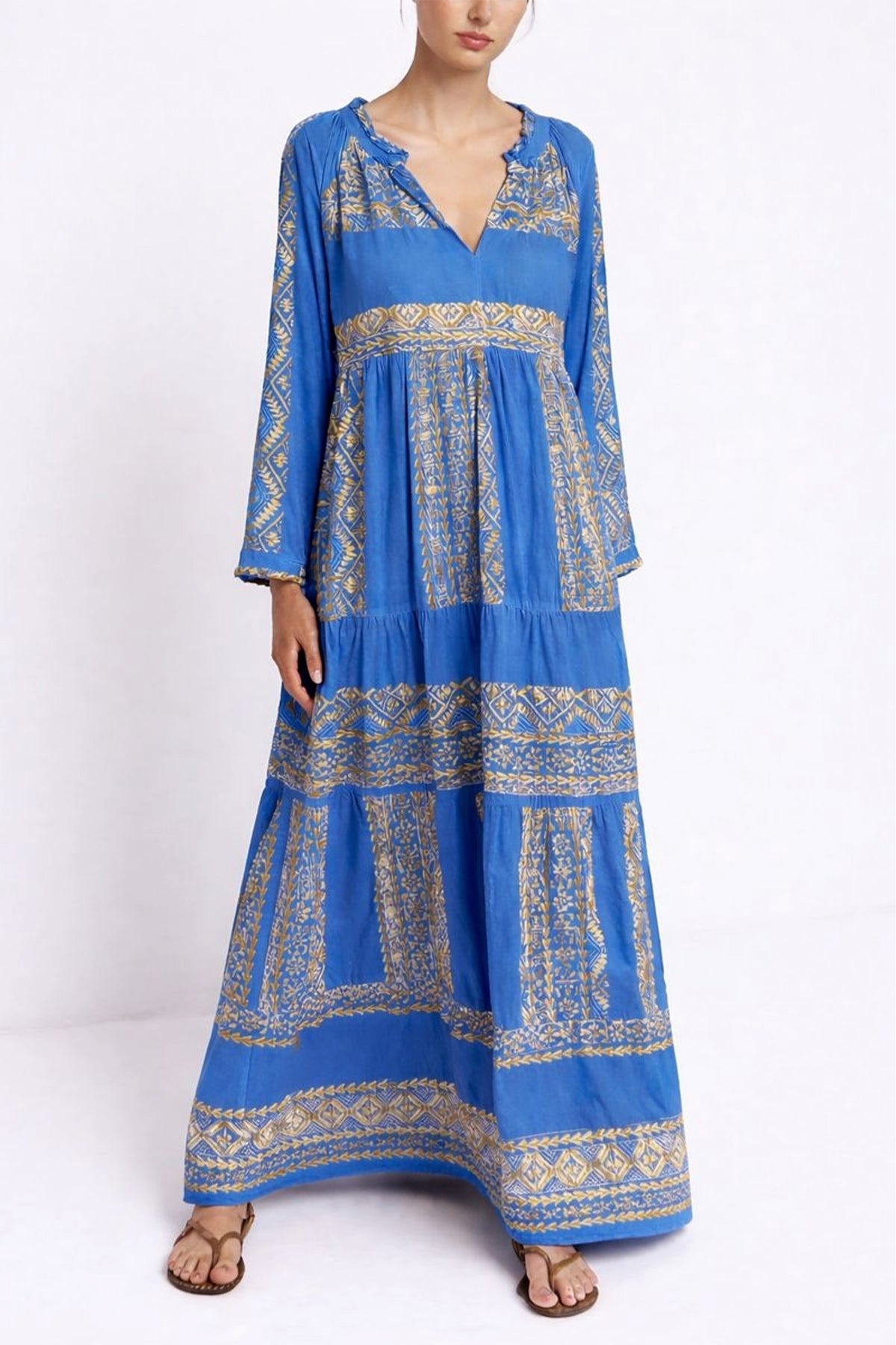 LONG COTTON DRESS "EMBROIDERED" BLUE RAF/GOLD