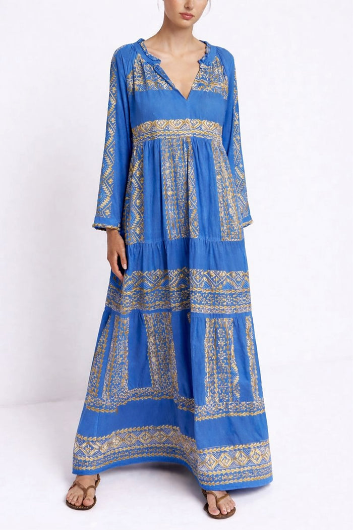 LONG COTTON DRESS "EMBROIDERED" BLUE RAF/GOLD