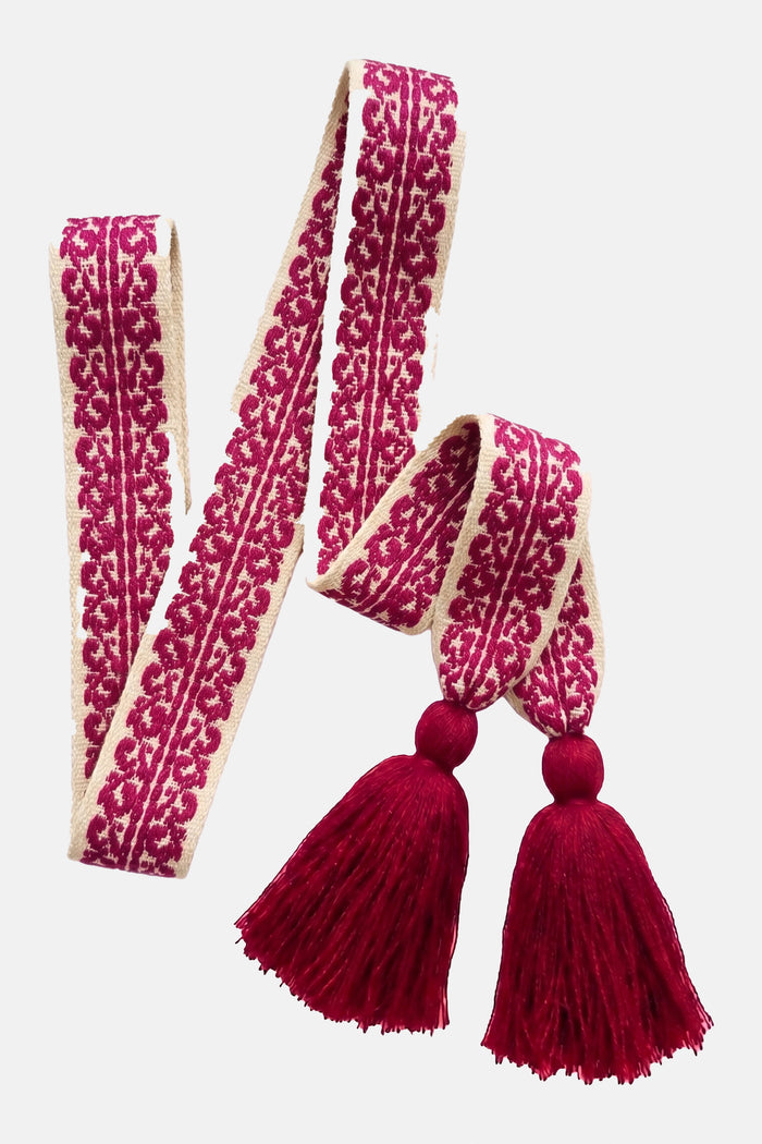 WOVEN BELT WITH TASSELS "LOULOUDI" FUCHSIA/ECRU