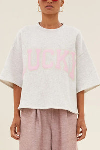 OVERSIZED COTTON PULLOVER "LUCKY" LIGHT GREY/BABY PINK