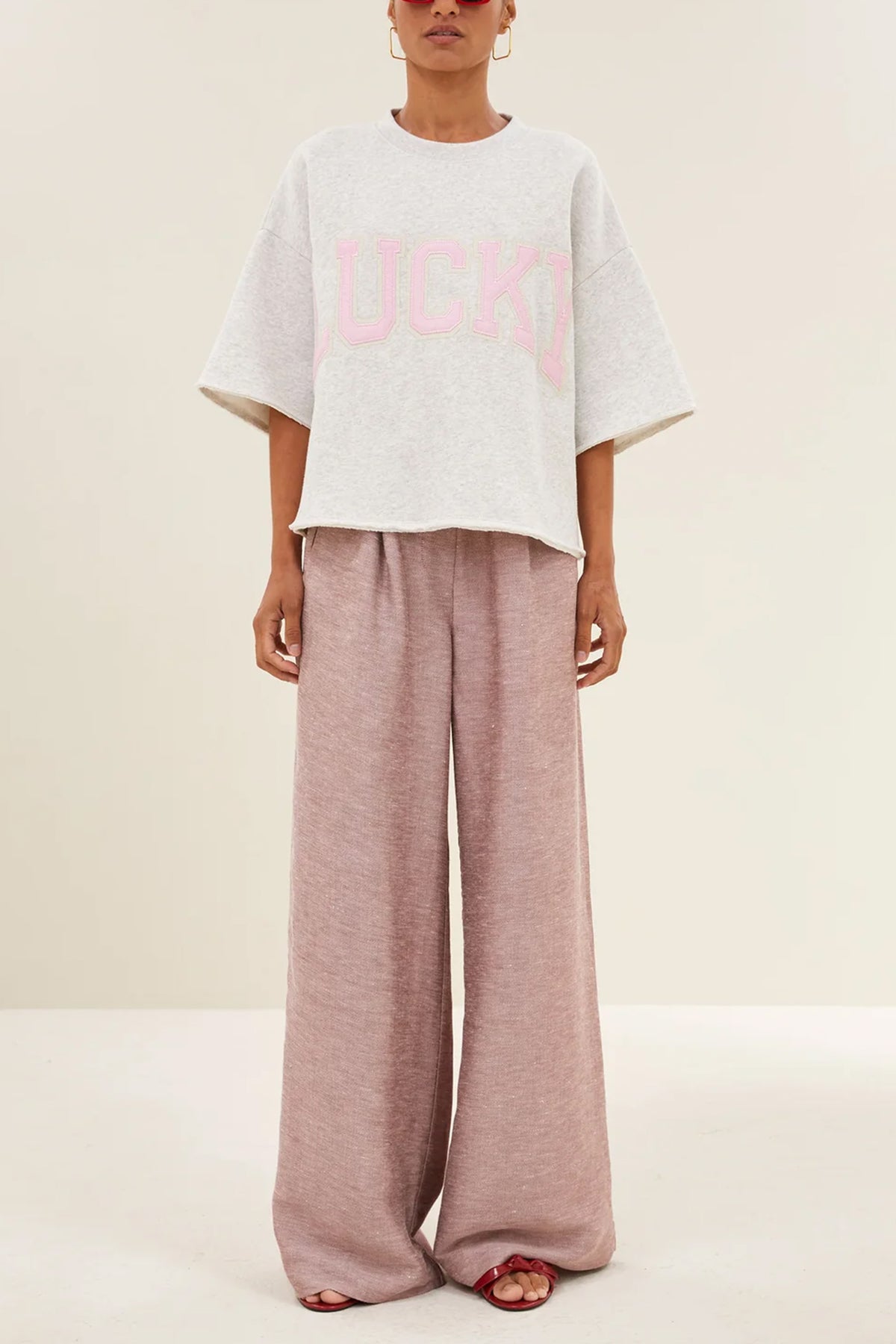 OVERSIZED COTTON PULLOVER "LUCKY" LIGHT GREY/BABY PINK