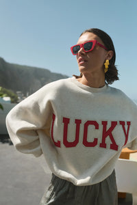 OVERSIZED COTTON SWEATER "LUCKY" BEIGE/RED