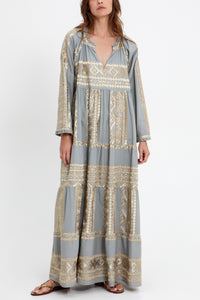 LONG COTTON DRESS "EMBROIDERED" LIGHT GREY/GOLD
