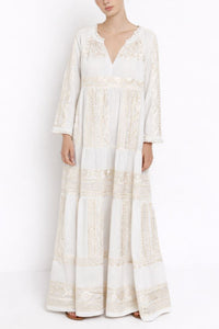 LONG COTTON DRESS "EMBROIDERED" NATURAL/CHAMPAGNE
