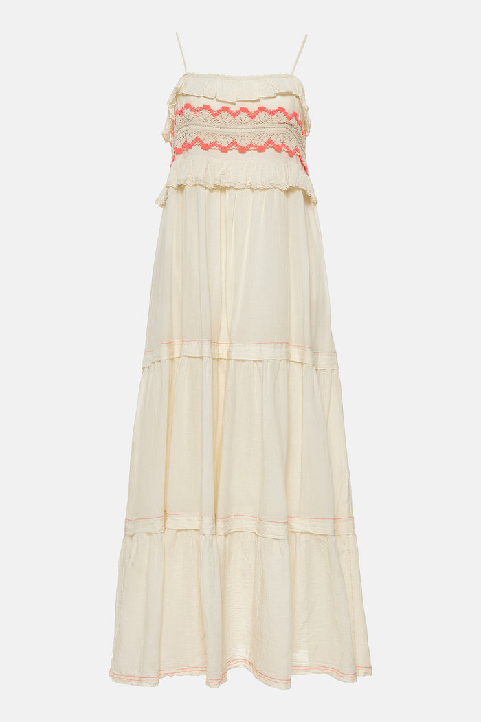 STRAPPY BOHO DRESS WITH CROCHET DETAILS "MERAGE“ ECRU/PINK