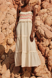 STRAPPY BOHO DRESS WITH CROCHET DETAILS "MERAGE“ ECRU/PINK