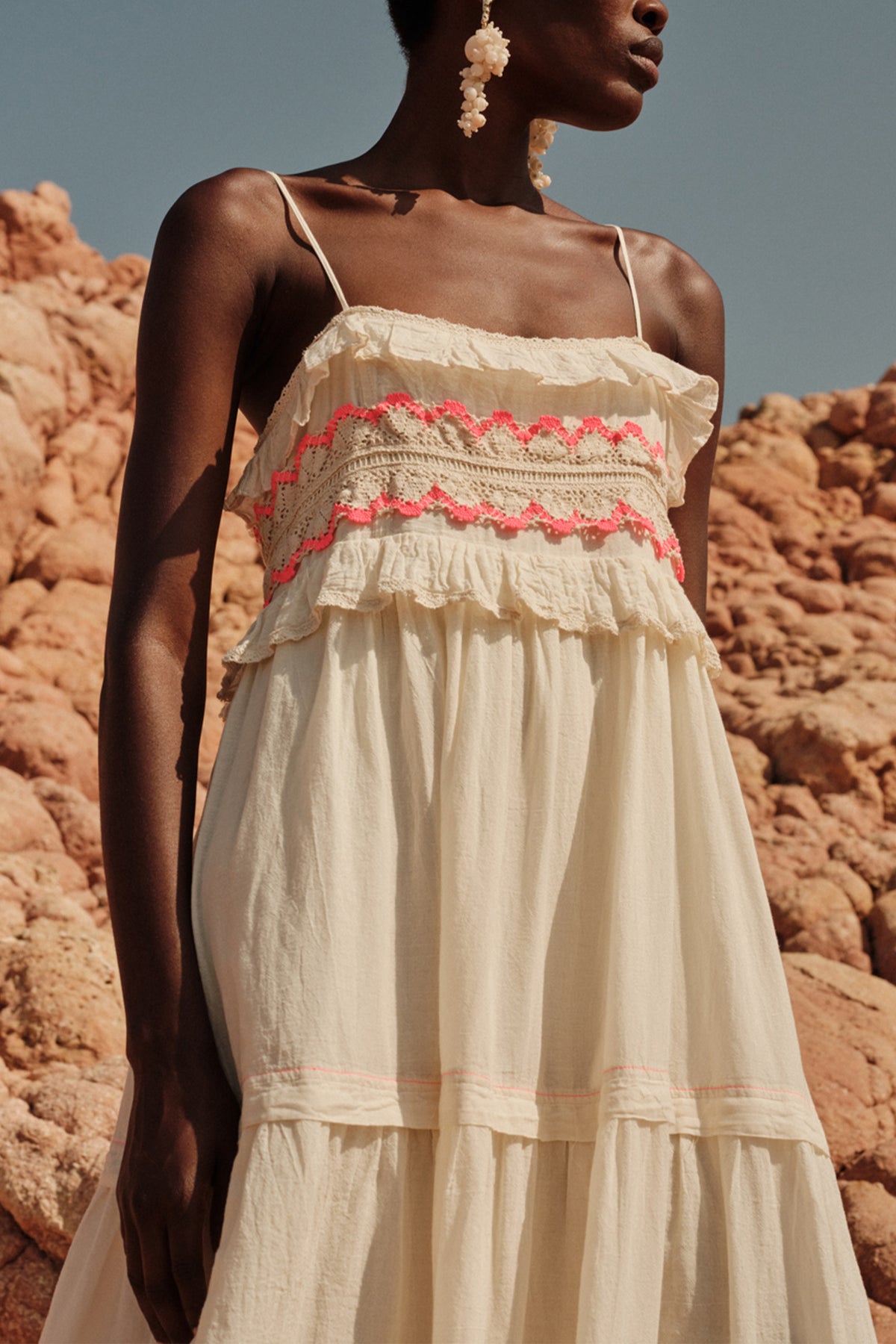 STRAPPY BOHO DRESS WITH CROCHET DETAILS "MERAGE“ ECRU/PINK
