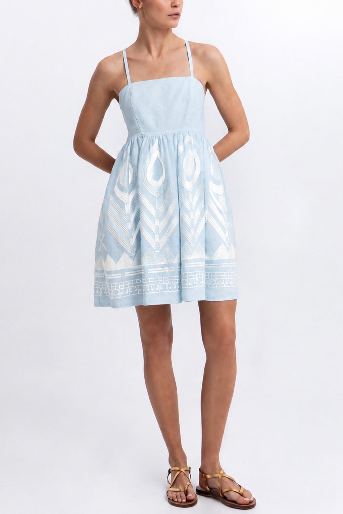SHORT STRAPPY LINEN DRESS "FEATHER" CIEL/CHAMPAGNE