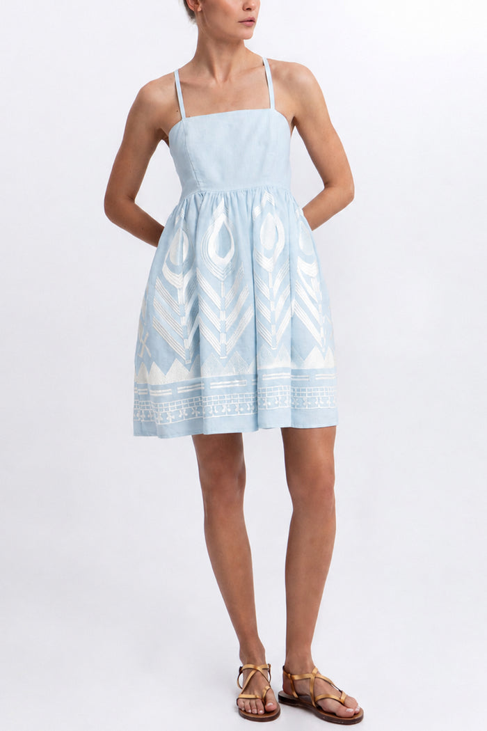 SHORT STRAPPY LINEN DRESS "FEATHER" CIEL/CHAMPAGNE
