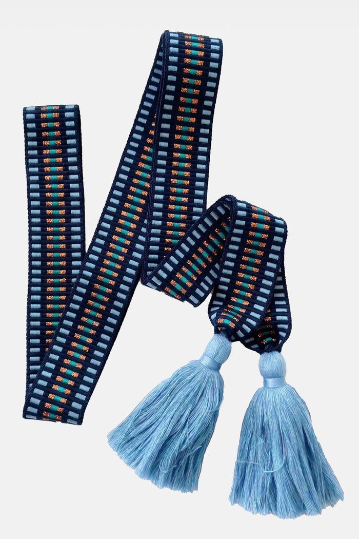 WOVEN BELT WITH TASSELS "GRAPHIC" NAVY/CIEL/COPPER