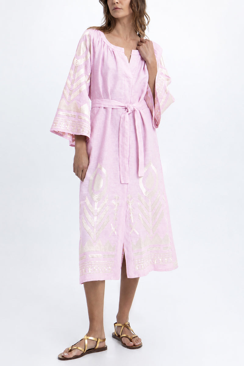 MIDI LINEN DRESS WITH BELL SLEEVES "FEATHER" PINK/CHAMPAGNE