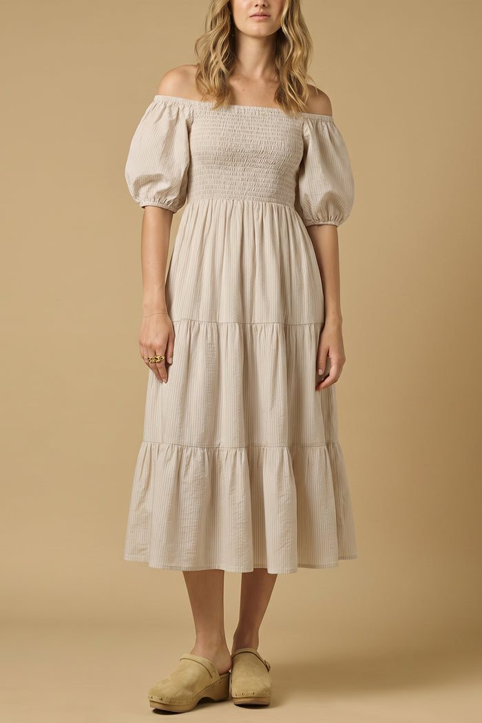 SMOCKED OFF-SHOULDER MIDI DRESS "OPHELIA" BEIGE