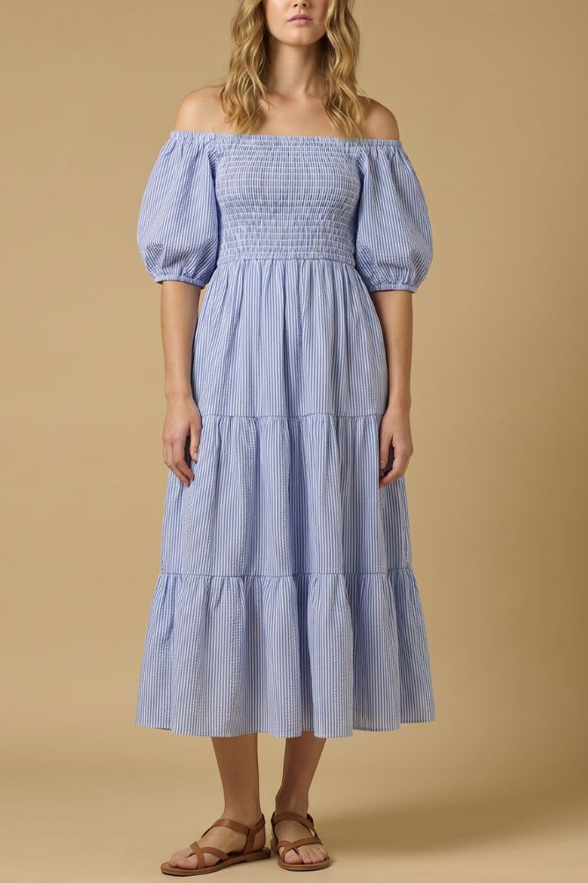 SMOCKED OFF-SHOULDER MIDI DRESS "OPHELIA" SKY BLUE