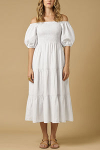 SMOCKED OFF-SHOULDER MIDI DRESS "OPHELIA" WHITE