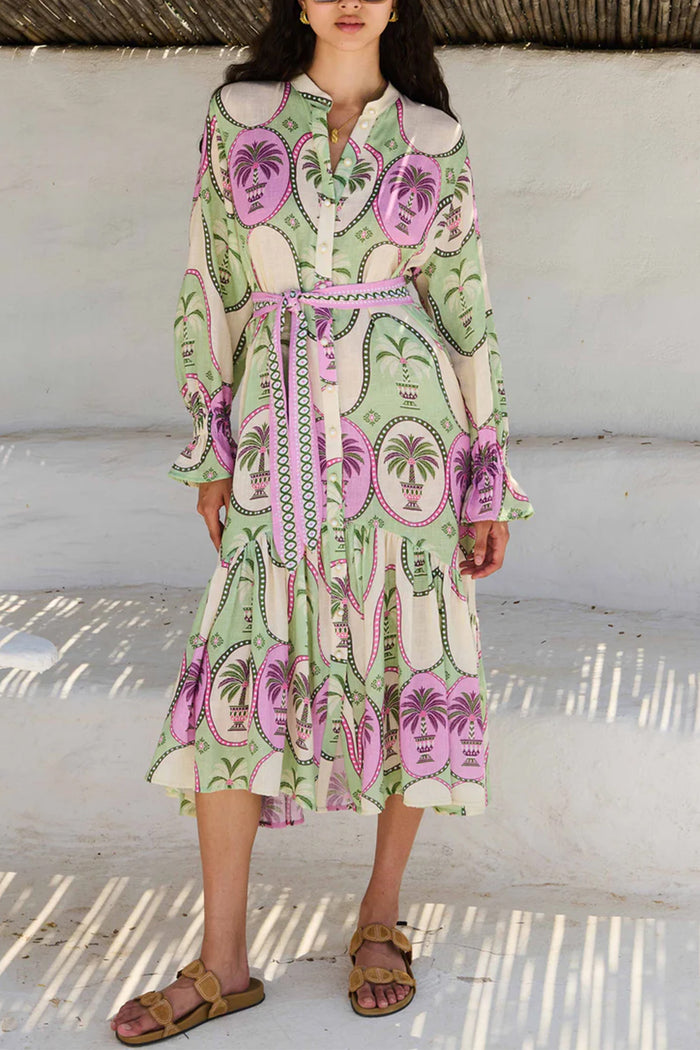 MIDI LINEN/COTTON DRESS "PALMA" GREEN/PINK