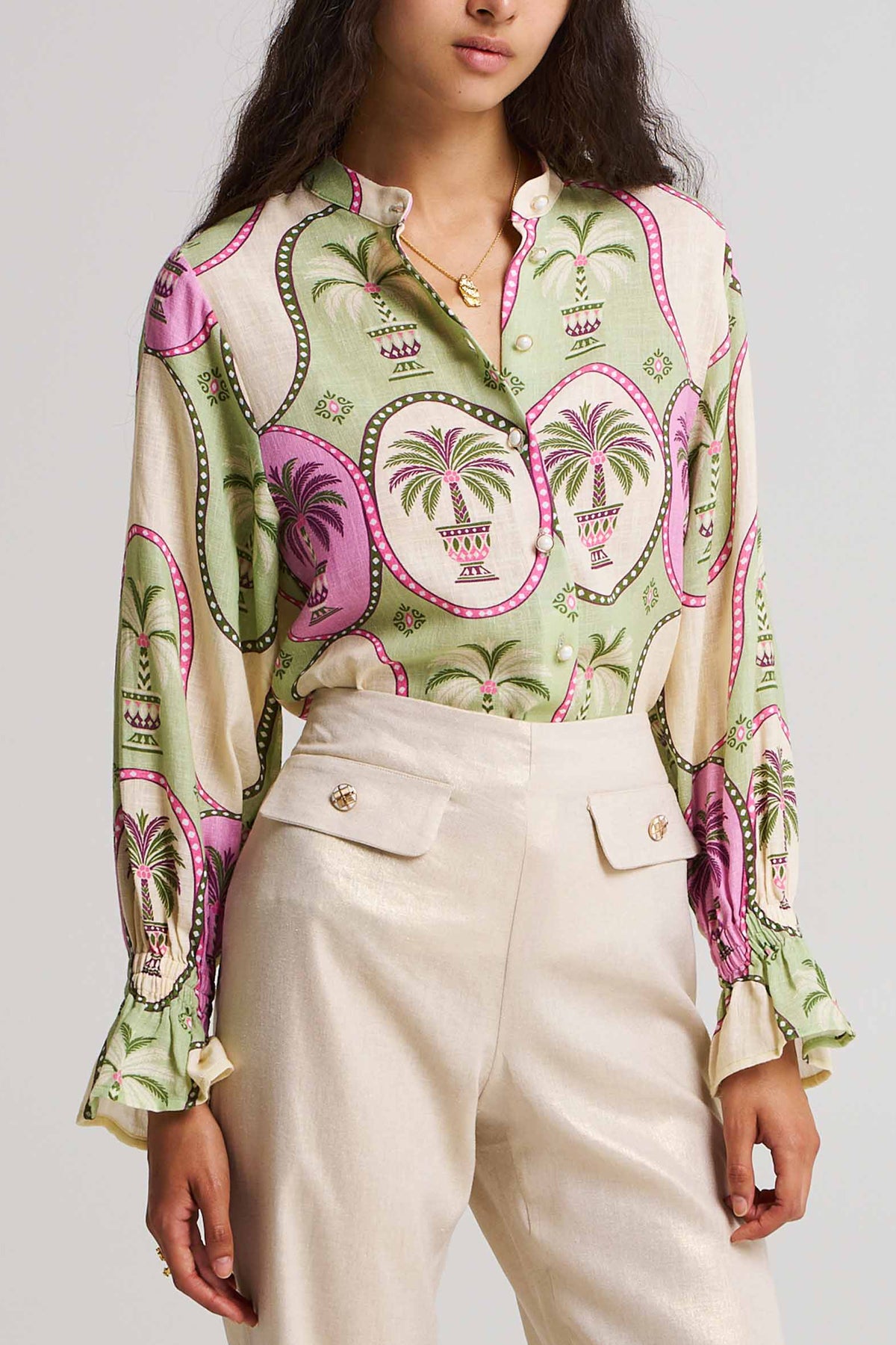 LINEN/COTTON BLOUSE "PALMA" GREEN/PINK
