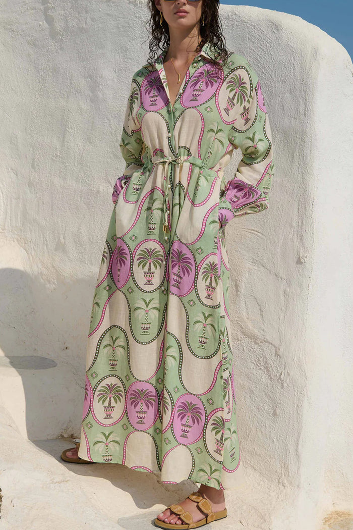LONG LINEN/COTTON DRESS "PALMA" GREEN/PINK