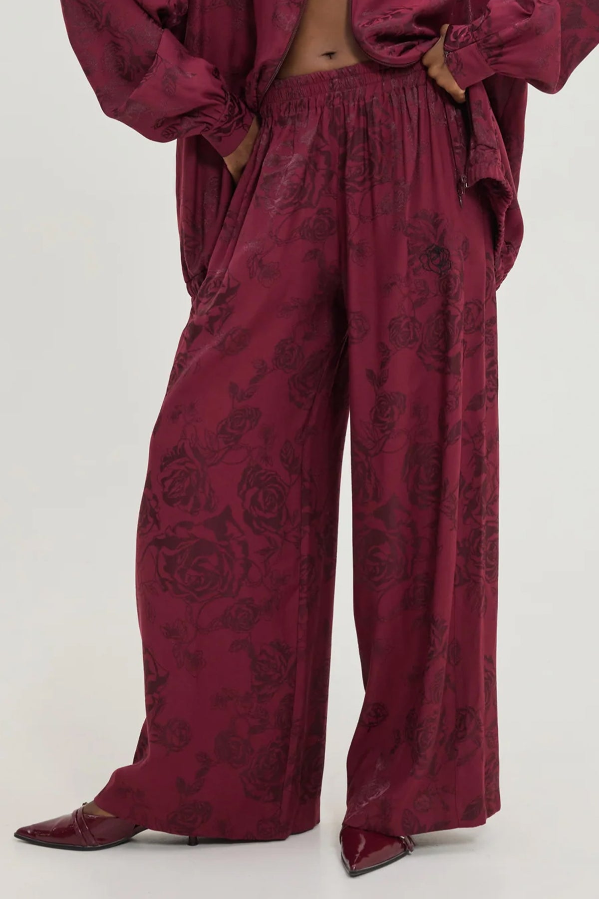 VISCOSE JACQUARD WIDE LEG PANTS "ROSES" BORDEAUX