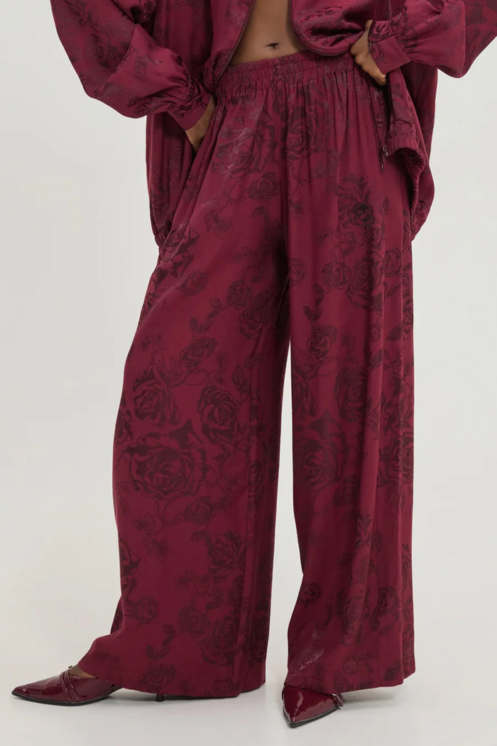 VISCOSE JACQUARD WIDE LEG PANTS "ROSES" BORDEAUX