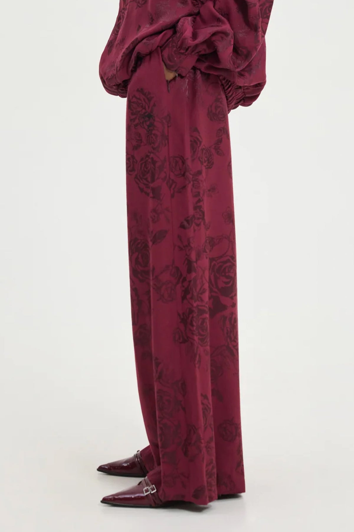 VISCOSE JACQUARD WIDE LEG PANTS "ROSES" BORDEAUX