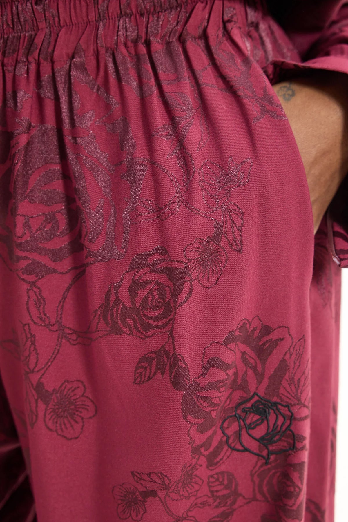 VISCOSE JACQUARD WIDE LEG PANTS "ROSES" BORDEAUX