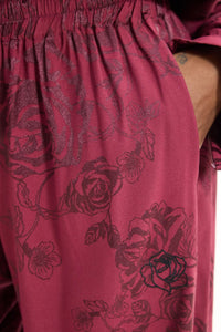 VISCOSE JACQUARD WIDE LEG PANTS "ROSES" BORDEAUX