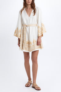 SHORT LINEN DRESS WITH BELL SLEEVES "PHOENIX" WHITE/GOLD