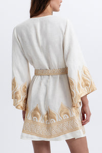 SHORT LINEN DRESS WITH BELL SLEEVES "PHOENIX" WHITE/GOLD