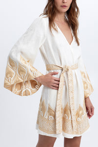 SHORT LINEN DRESS WITH BELL SLEEVES "PHOENIX" WHITE/GOLD