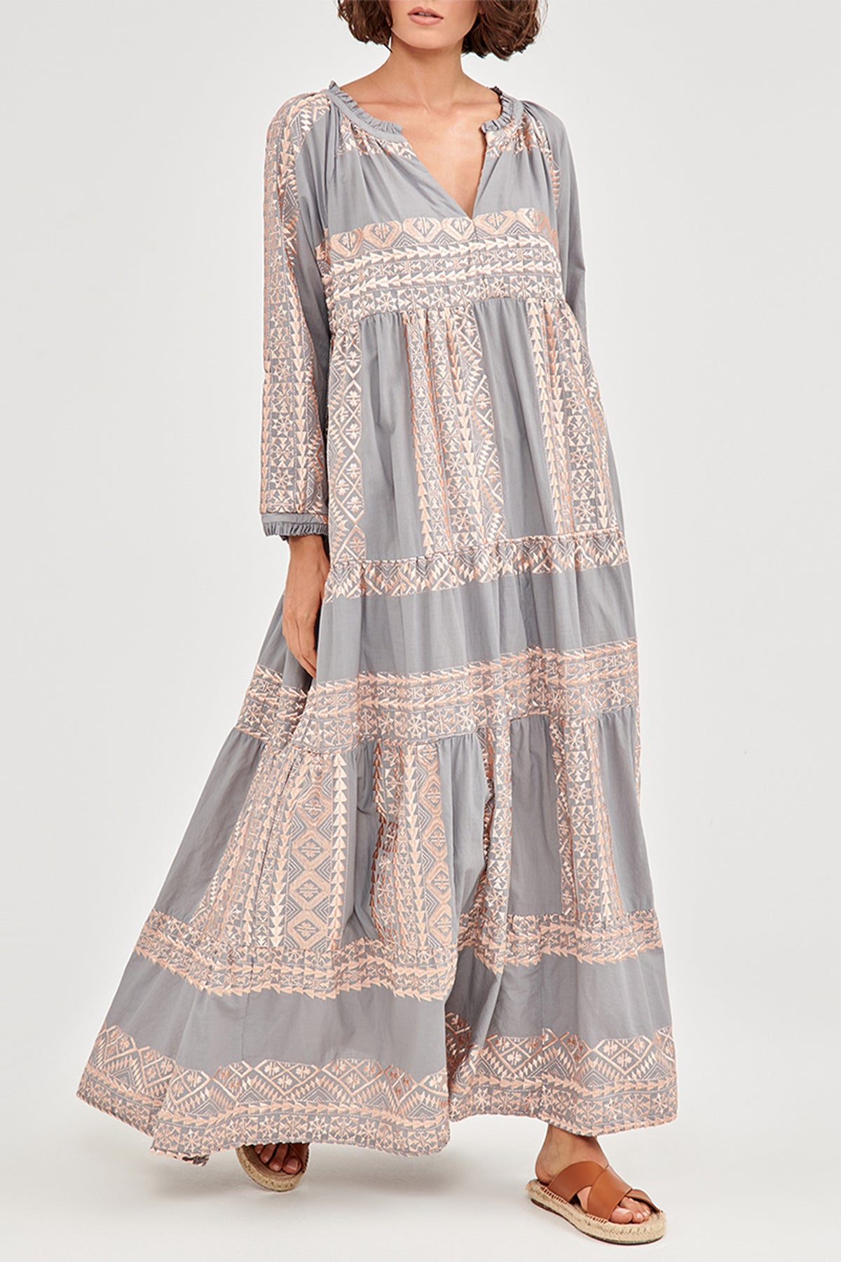 LONG COTTON DRESS "EMBROIDERED" LIGHT GREY/PINK