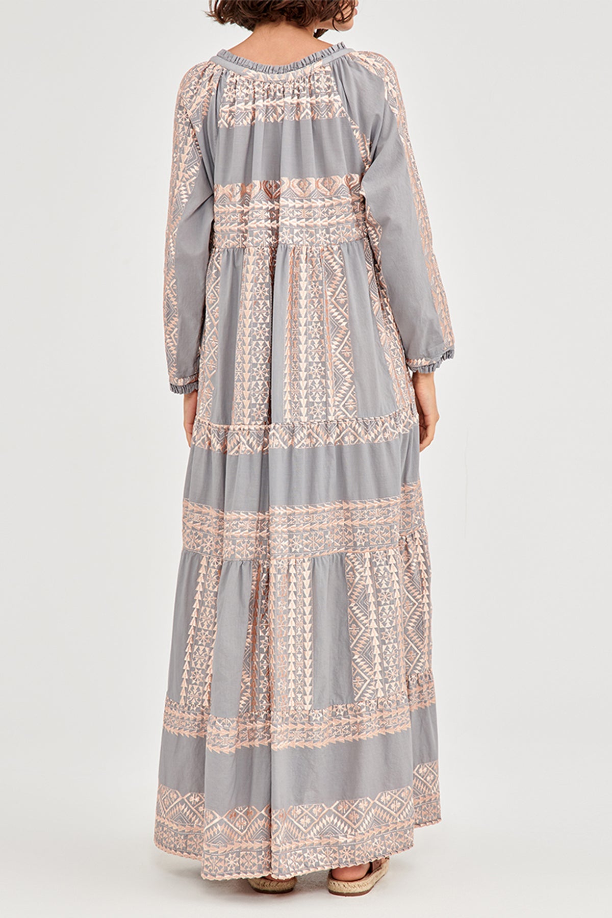 LONG COTTON DRESS "EMBROIDERED" LIGHT GREY/PINK
