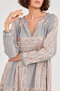 LONG COTTON DRESS "EMBROIDERED" LIGHT GREY/PINK