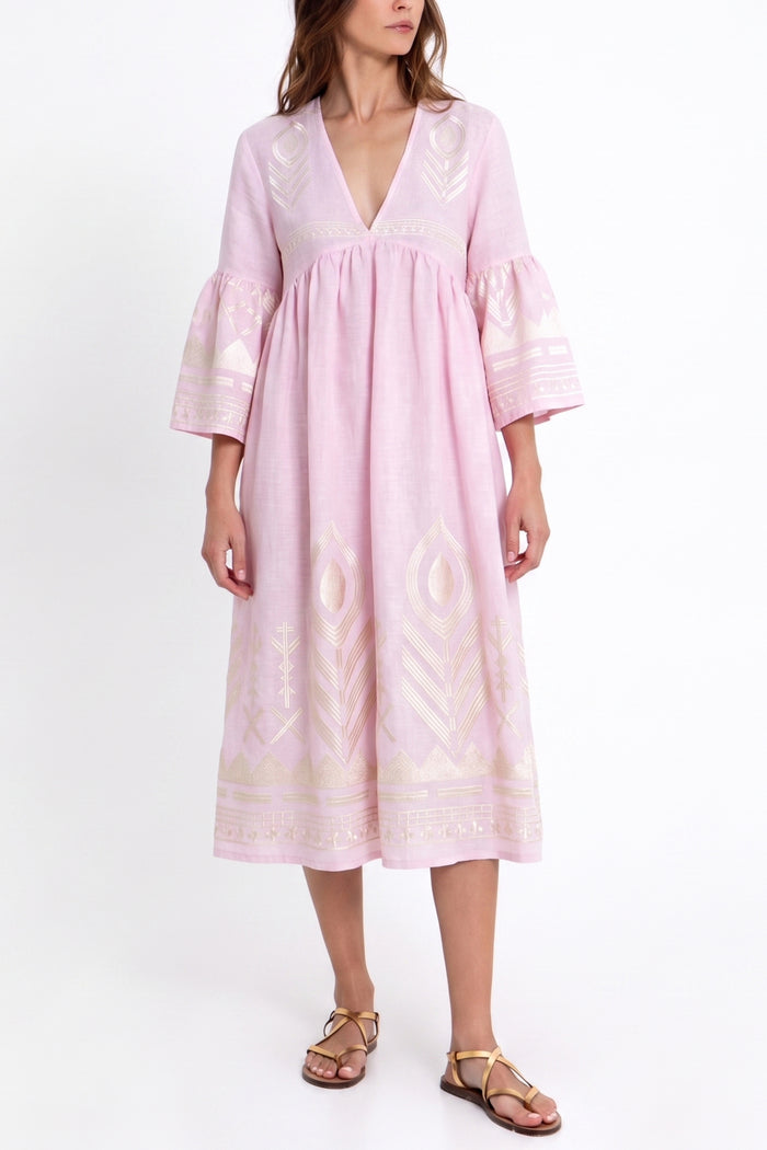 MIDI LINEN DRESS "FEATHER" PINK/CHAMPAGNE