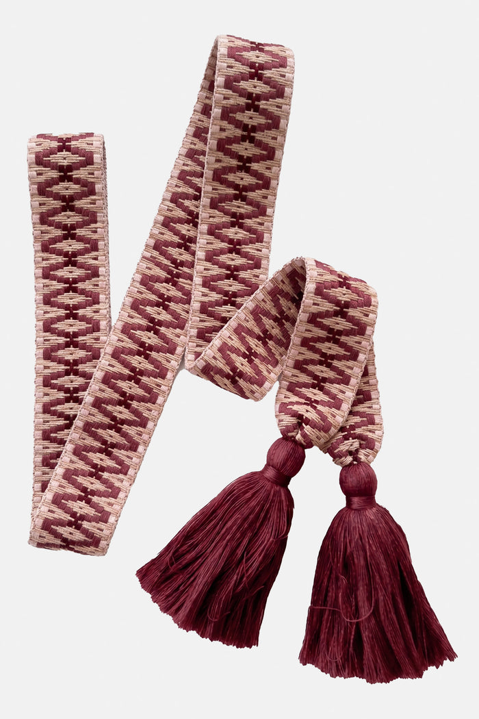WOVEN BELT WITH TASSELS  "AZTEC" RASPBERRY