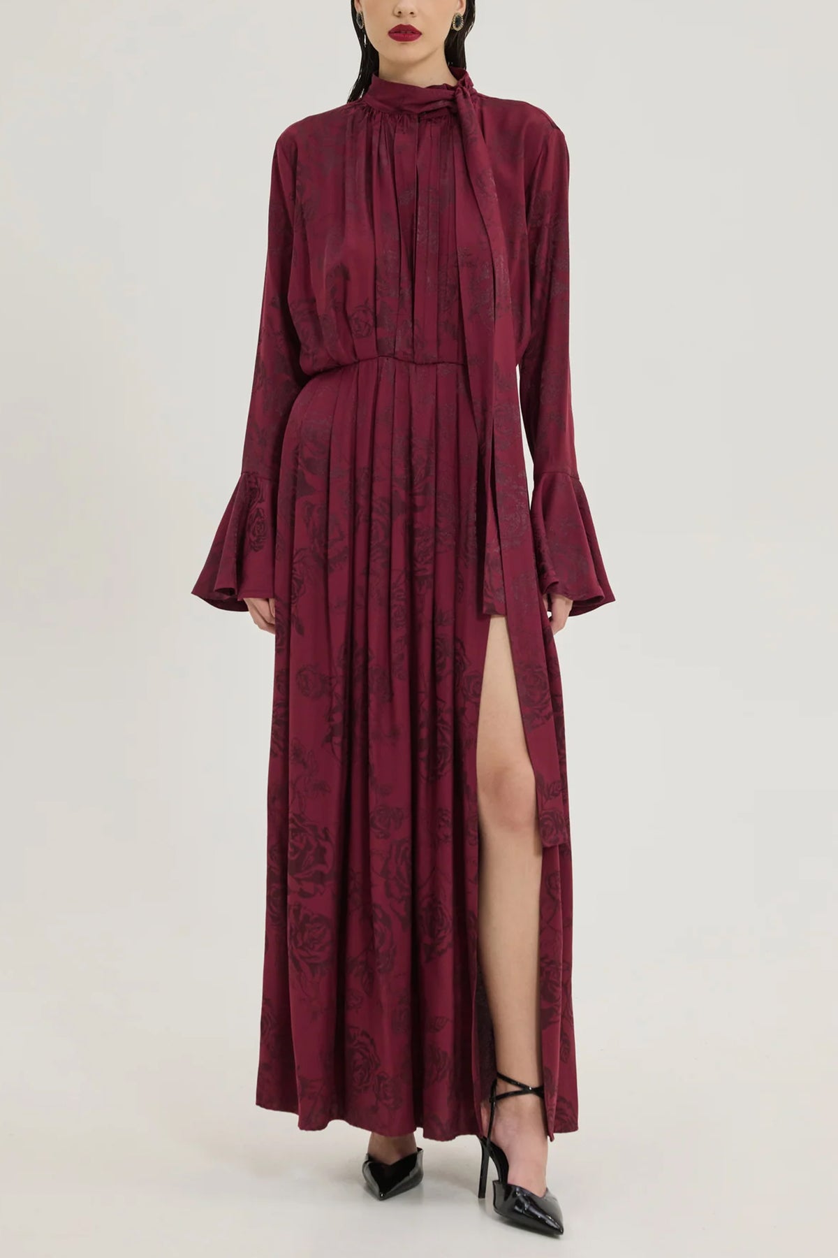 LONG JACQUARD DRESS "ROSES" BORDEAUX