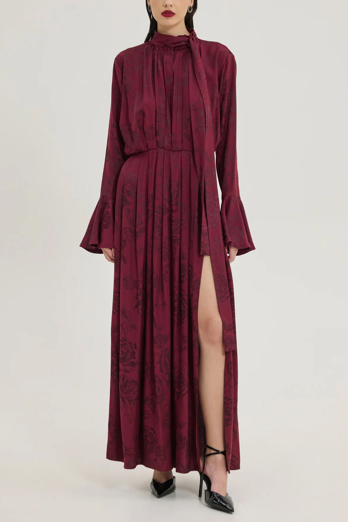 LONG JACQUARD DRESS "ROSES" BORDEAUX