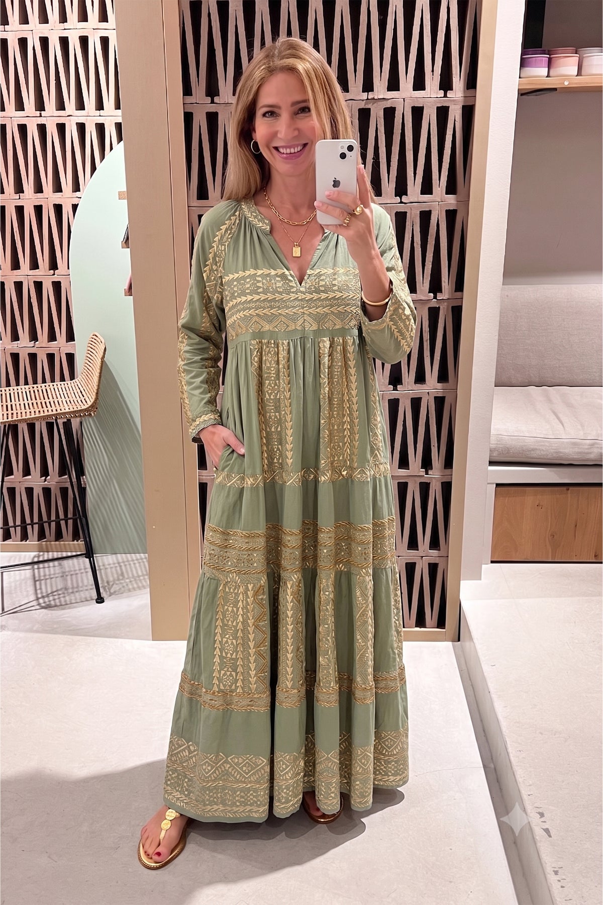 LONG COTTON DRESS "EMBROIDERED" SAGE/GOLD