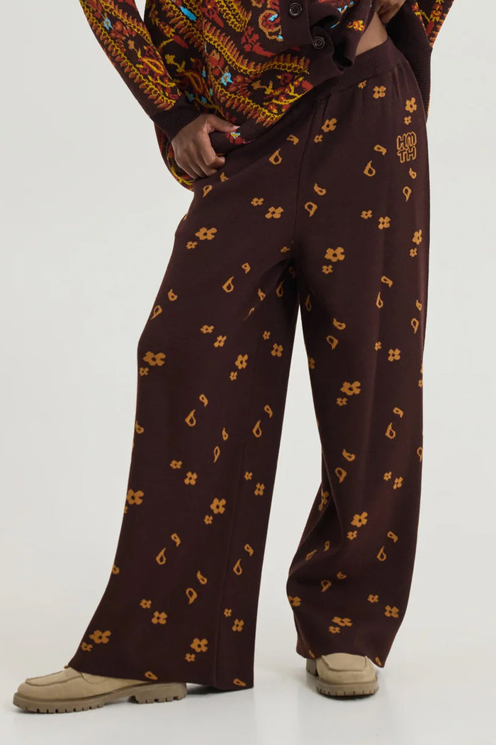 WIDE LEG JACQUARD KNIT PANTS CHOCOLATE