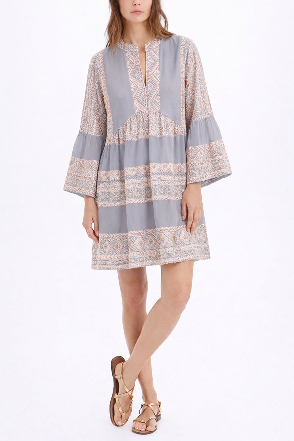 SHORT COTTON TUNIC DRESS "EMBROIDERED" LIGHT GREY/PINK